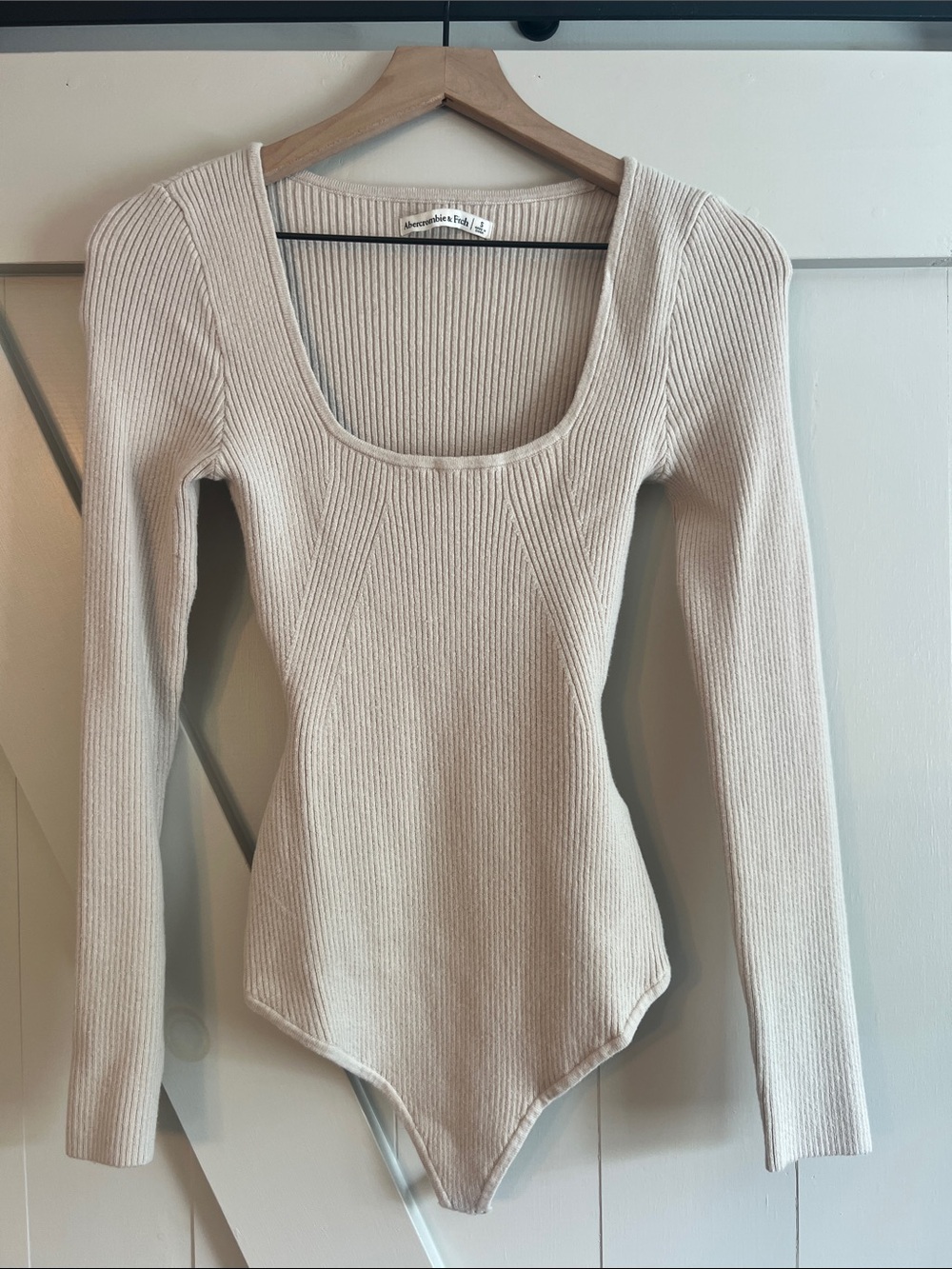 Abercrombie & Fitch Cream Ribbed Long-Sleeve Bodysuit